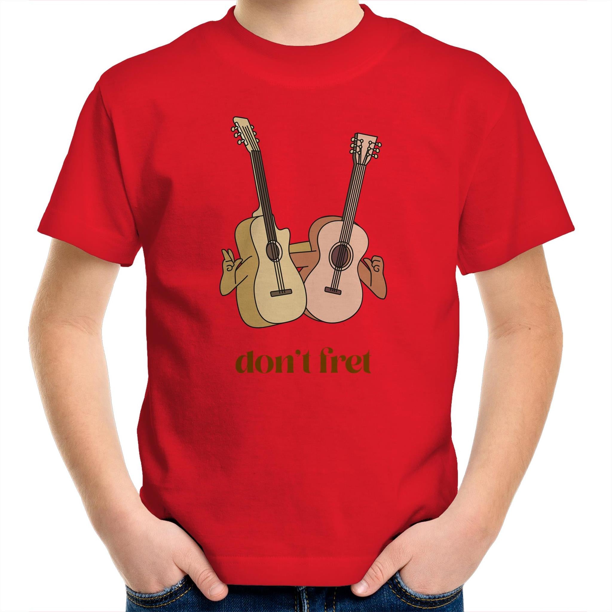 Don't Fret, Guitars - Kids Youth T-Shirt Red Kids Youth T-shirt Music Printed In Australia