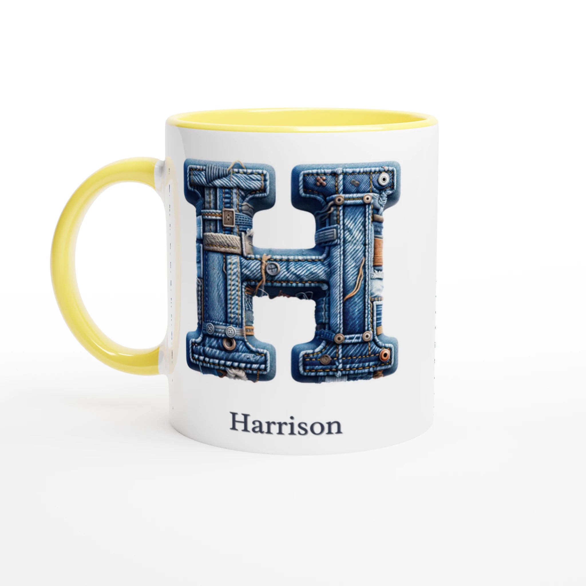 Blue Denim Initial - 11oz Ceramic Mug Ceramic Yellow Personalised 11oz Mug customise Globally Fulfilled Initial Name personalise