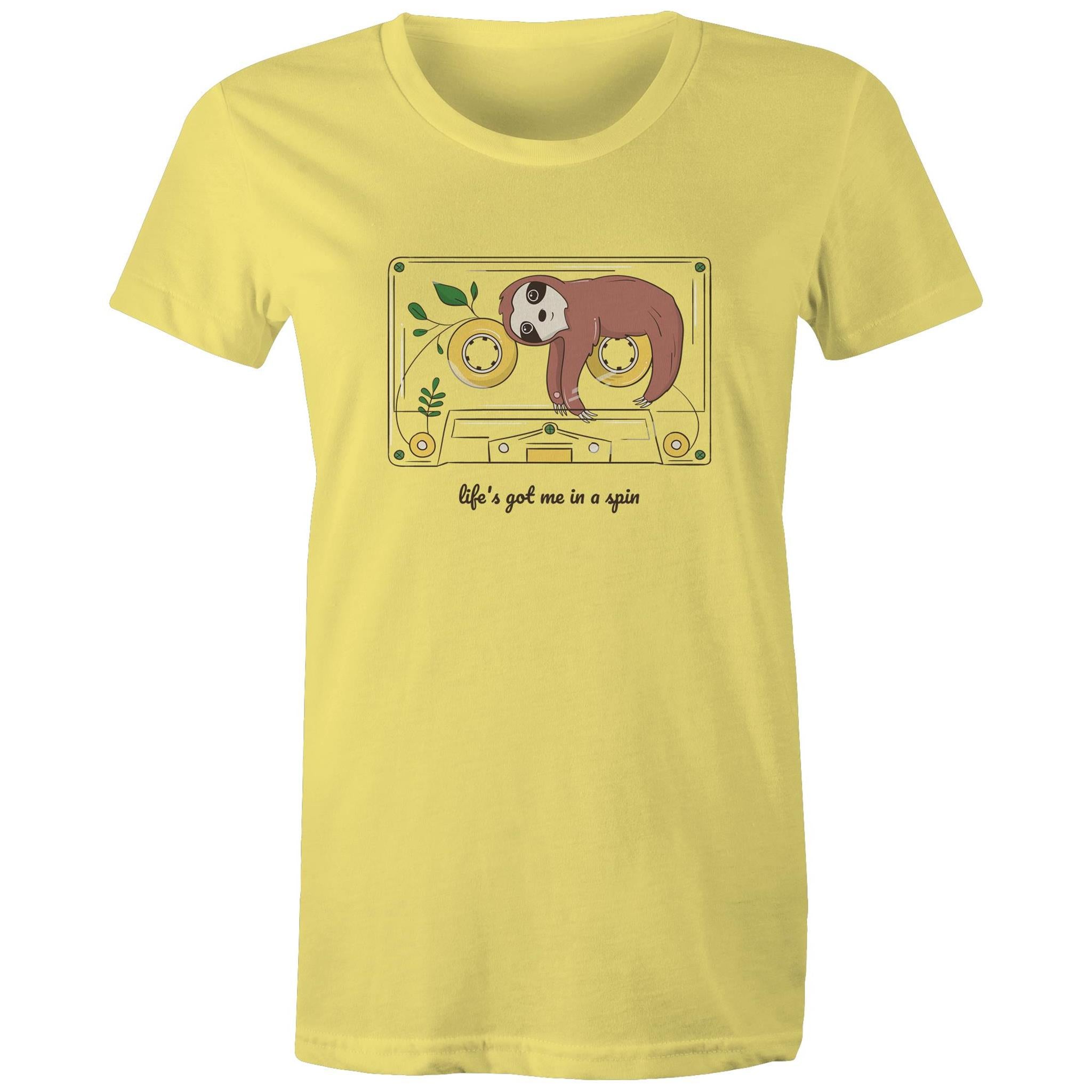 Life's Got Me In A Spin, Sloth, Cassette Tape - Womens T-shirt Yellow Womens T-shirt Music Printed In Australia