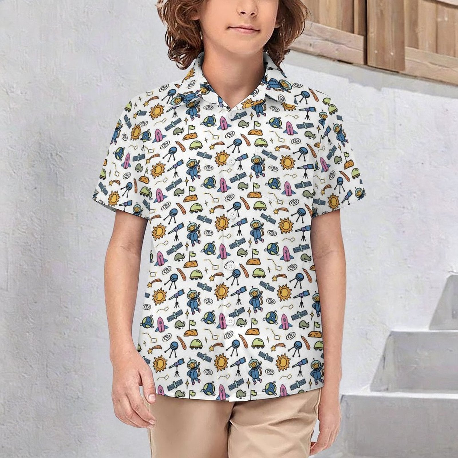 All About Space Kids Youth Short Sleeve Button Up Shirt