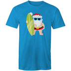 Surfing Santa - Mens T-Shirt Arctic Blue Mens Christmas T-shirt Christmas Printed In Australia