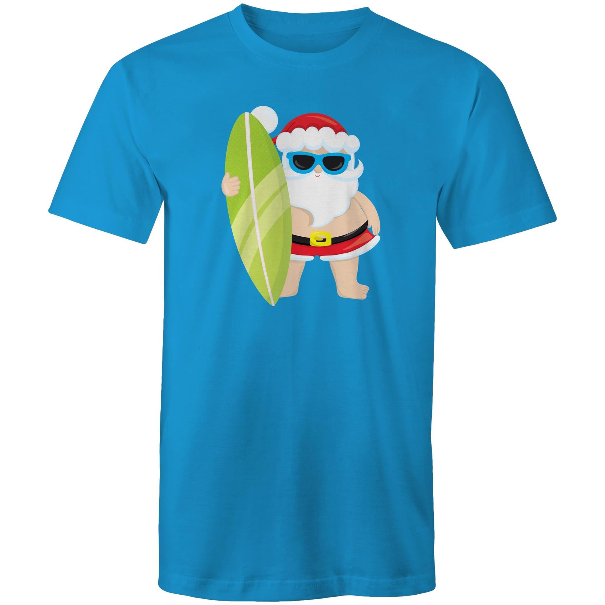 Surfing Santa - Mens T-Shirt Arctic Blue Mens Christmas T-shirt Christmas Printed In Australia