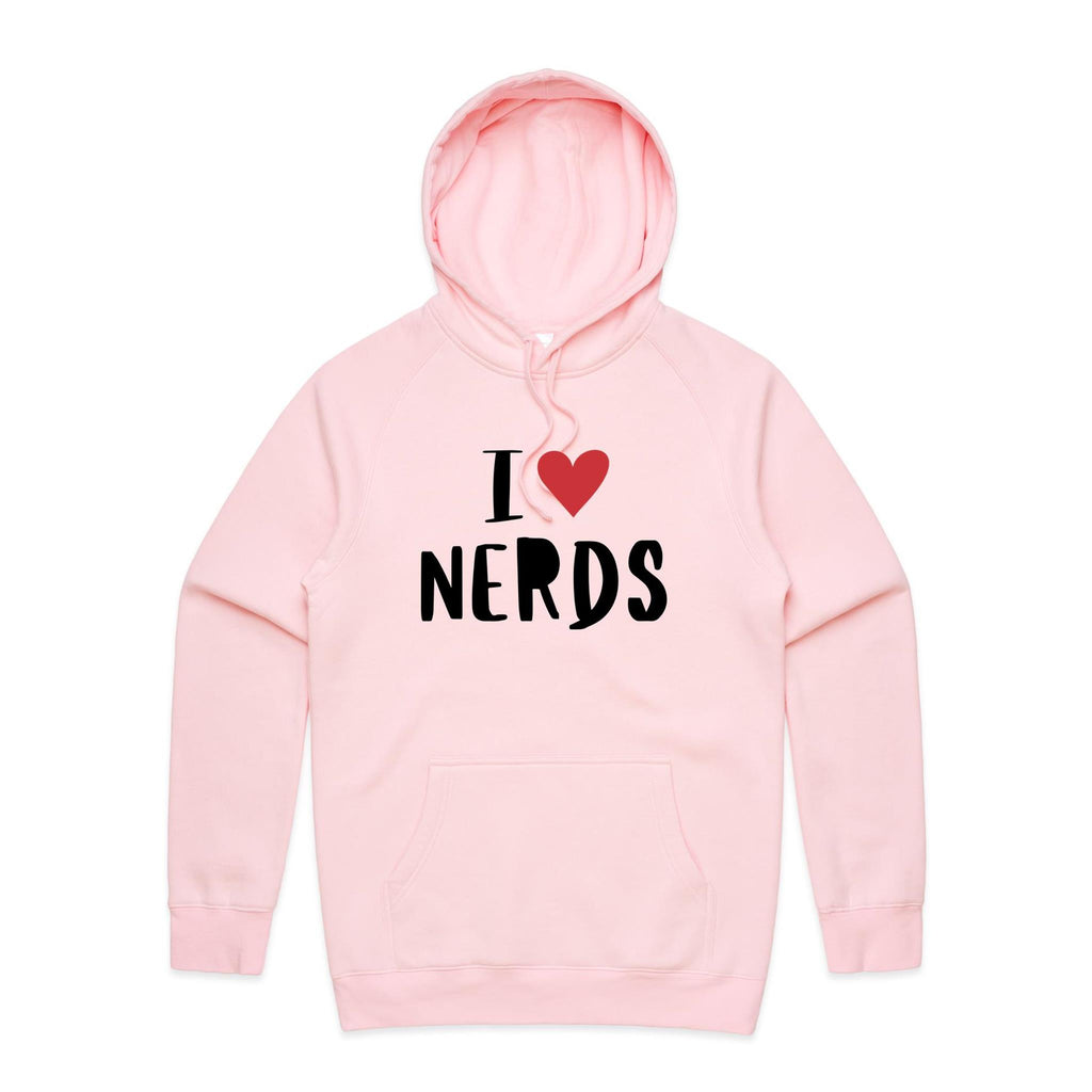 I Love Nerds, Red Heart - Mens Hoodie Pink Mens Hoodie Printed In Australia