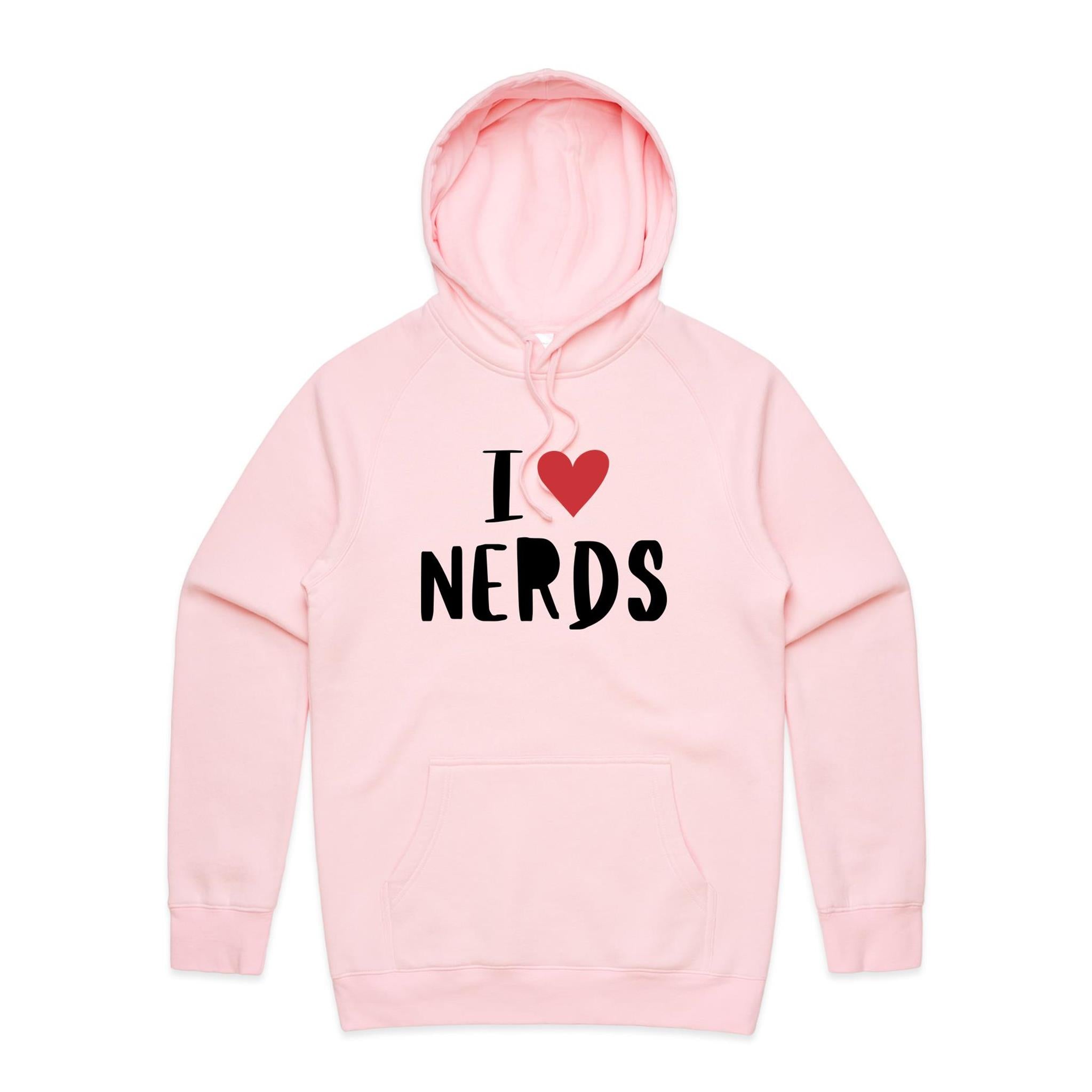 I Love Nerds, Red Heart - Mens Hoodie Pink Mens Hoodie Printed In Australia