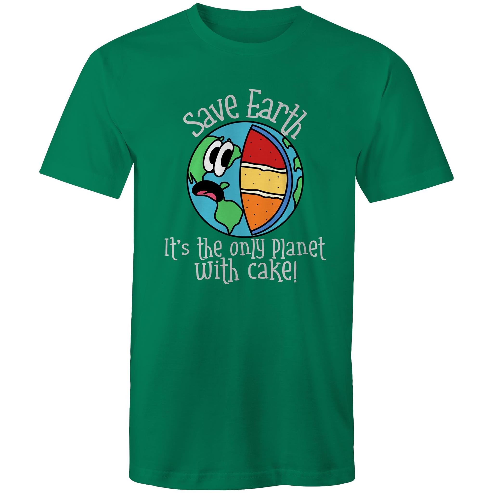 Save Earth, It's The Only Planet With Cake - Mens T-Shirt Kelly Green Mens T-shirt Environment Food Printed In Australia