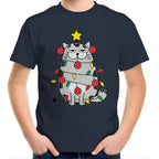 Christmas Cat - Kids Youth T-Shirt Navy Kids Christmas T-shirt Christmas Printed In Australia