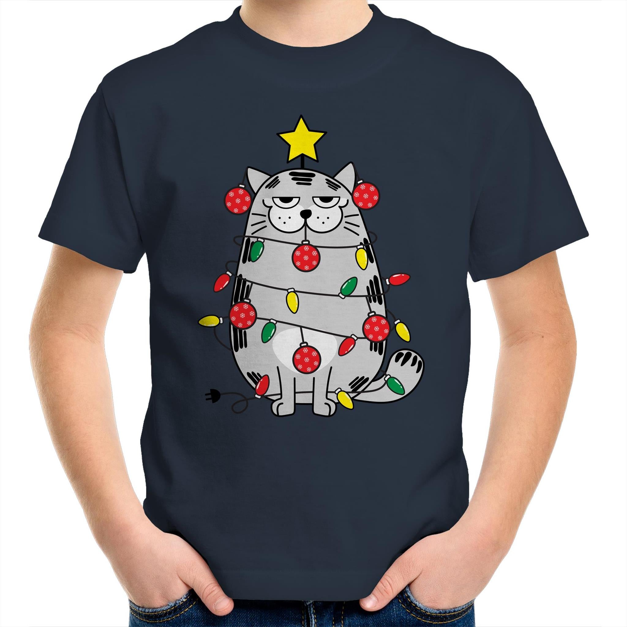 Christmas Cat - Kids Youth T-Shirt Navy Kids Christmas T-shirt Christmas Printed In Australia
