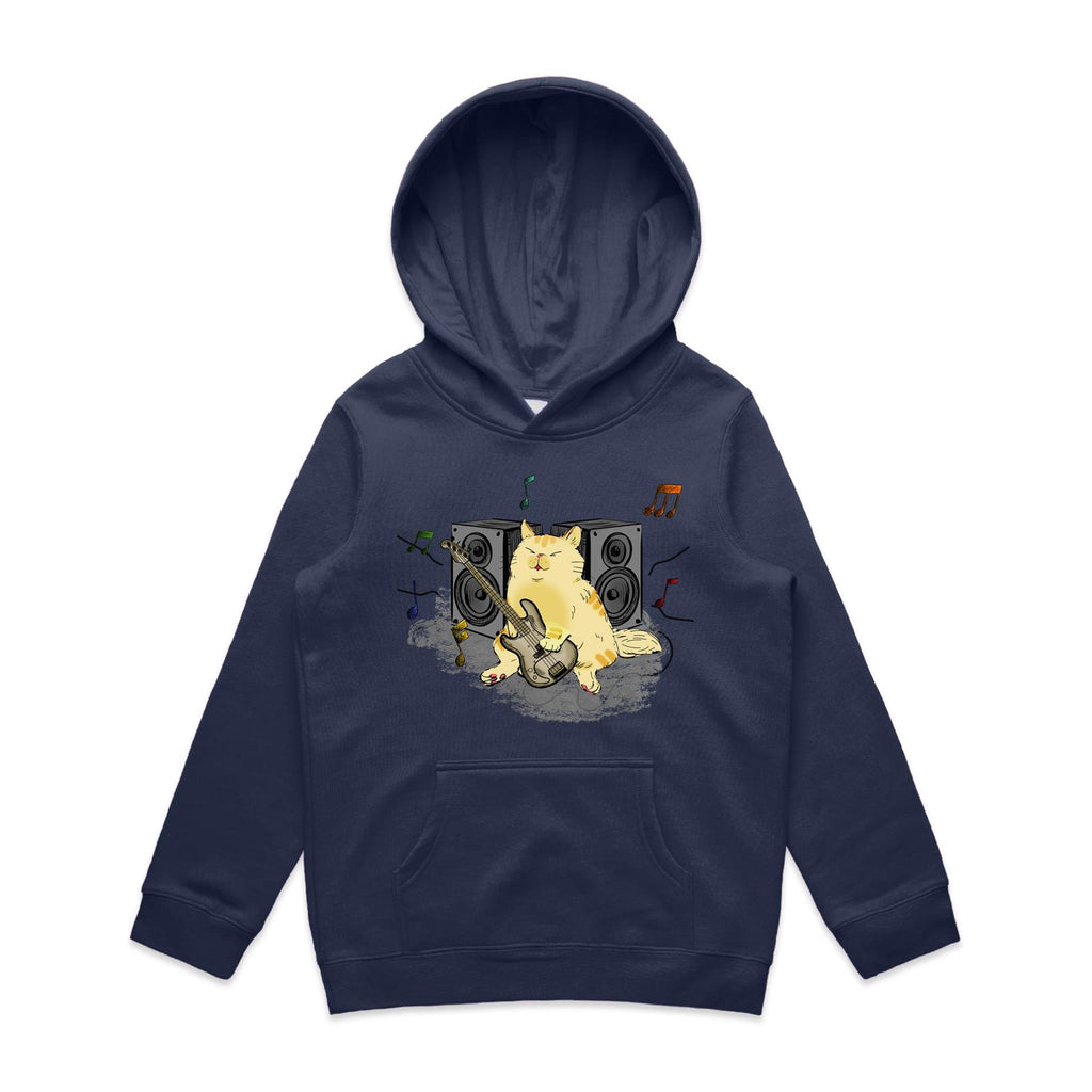 Cat Bass Player - Kids Hoodie Midnight Blue Kids Hoodie Printed In Australia