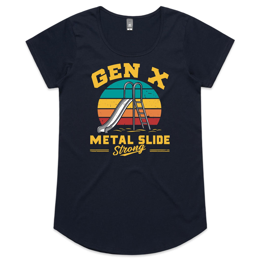 Gen X, Metal Slide Strong Women's AS Colour Scoop Neck T-Shirt Navy Womens Scoop Neck T-shirt Printed In Australia