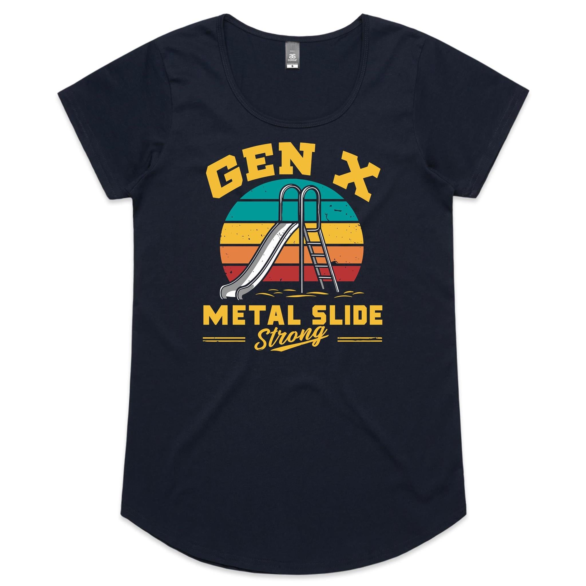 Gen X, Metal Slide Strong - Womens Scoop Neck T-Shirt Navy Womens Scoop Neck T-shirt Printed In Australia