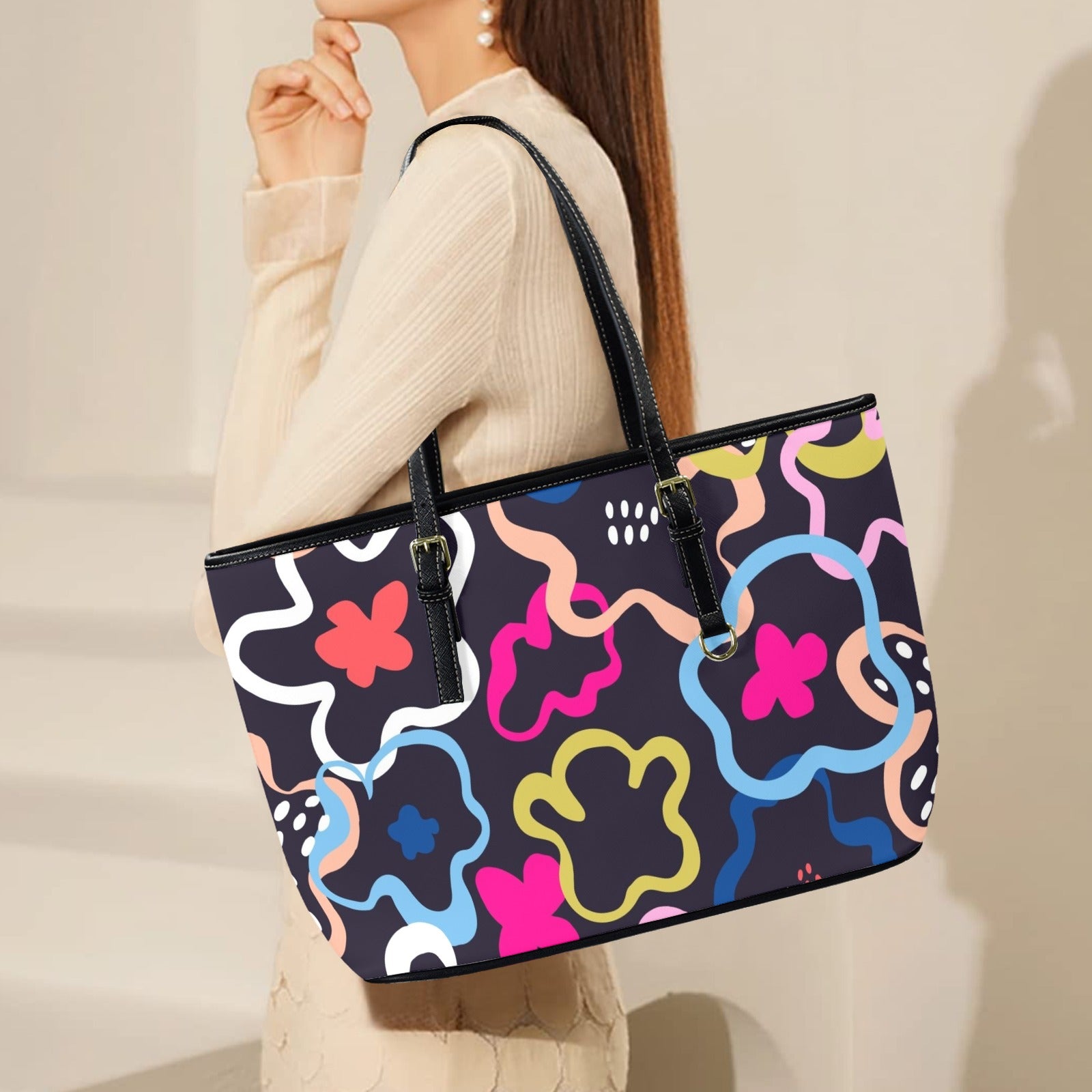 Floral In The Abstract PU Leather Tote Bag Large Leather Tote Bag-Large Printed Offshore