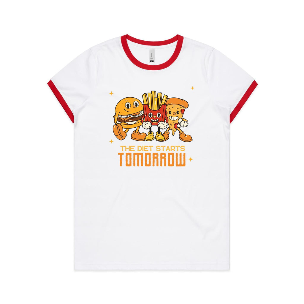 The Diet Starts Tomorrow, Hamburger, Fries, Pizza - Women's Ringer Tee White Red Womens Ringer T-shirt Food Printed In Australia