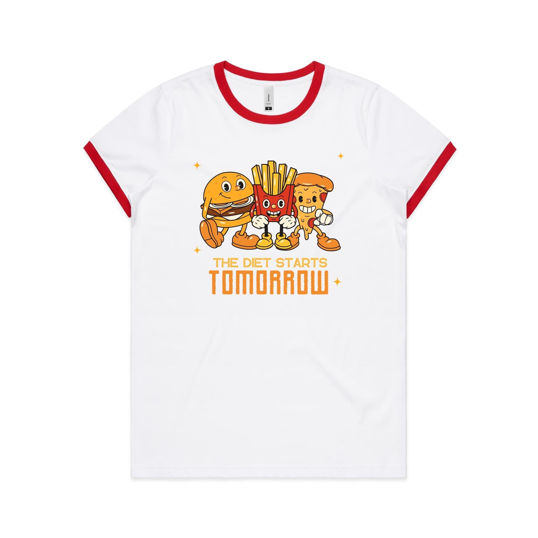 The Diet Starts Tomorrow, Hamburger, Fries, Pizza - Women's Ringer Tee White Red Womens Ringer T-shirt Food Printed In Australia