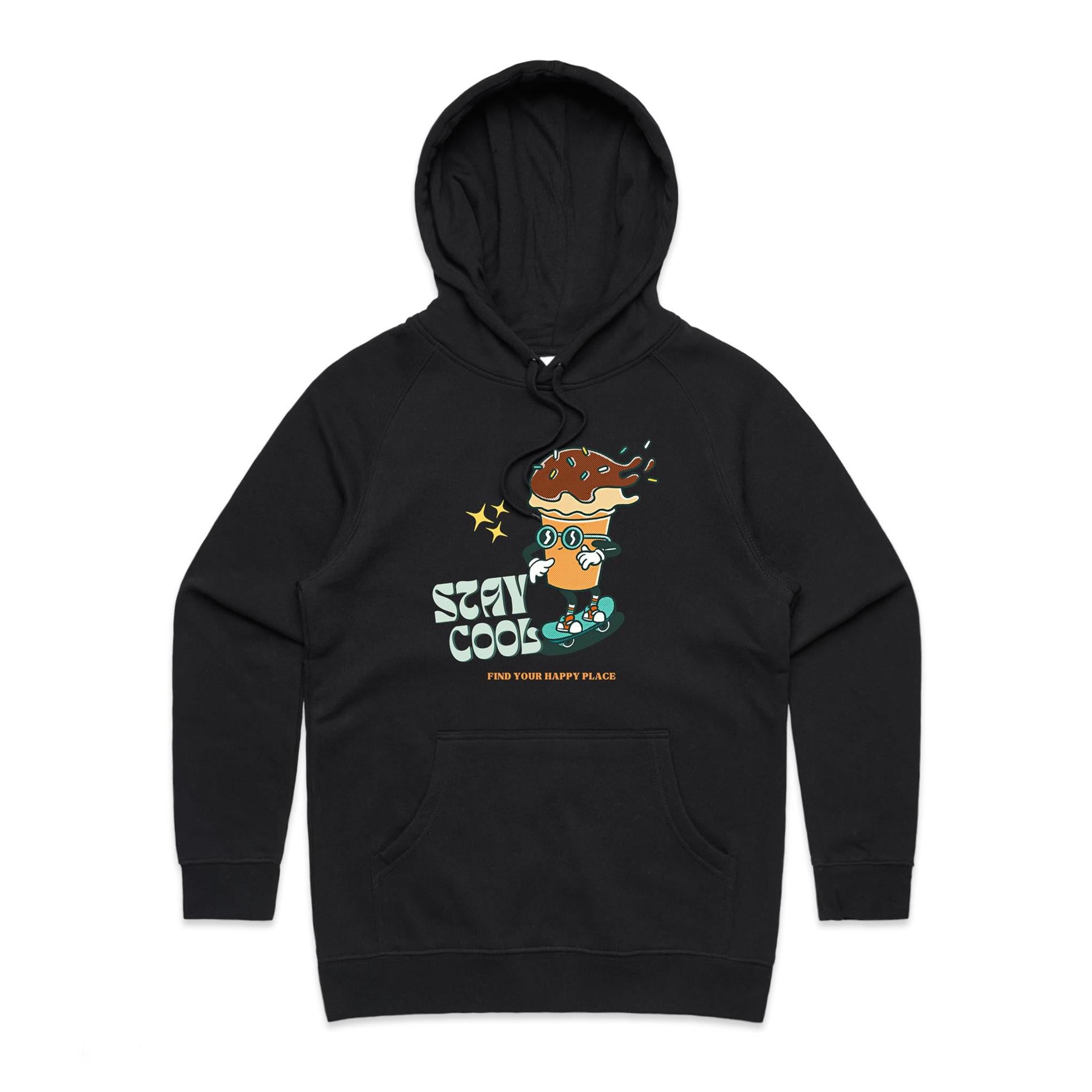 Stay Cool, Ice-cream Skateboard - Womens Hoodie Black Womens Hoodie Food Printed In Australia Summer