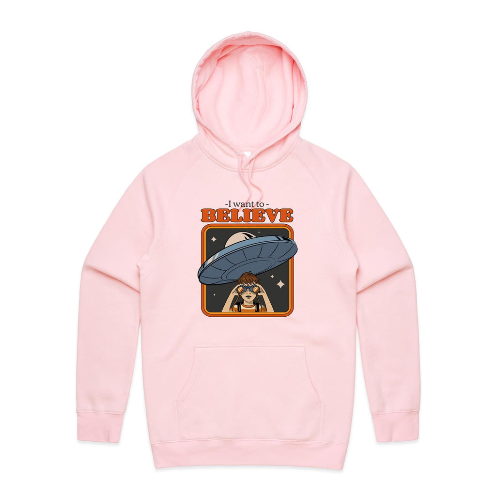 UFO, I Want To Believe - Mens Hoodie Pink Mens Hoodie Printed In Australia Sci Fi