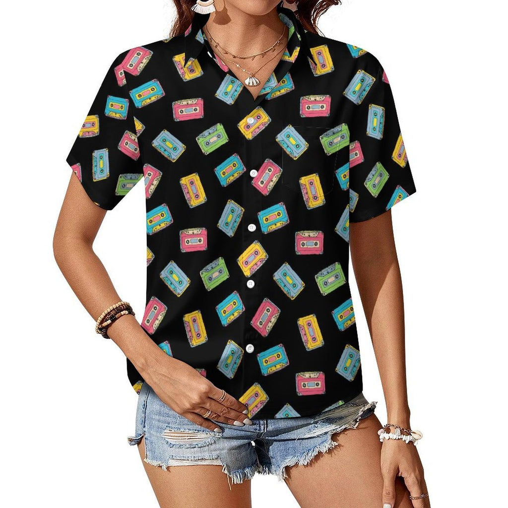 Colourful Cassette Tapes Women's Short-Sleeve Button Up Shirt white Women's Short-Sleeve Button Up Shirt Music Printed Offshore Retro
