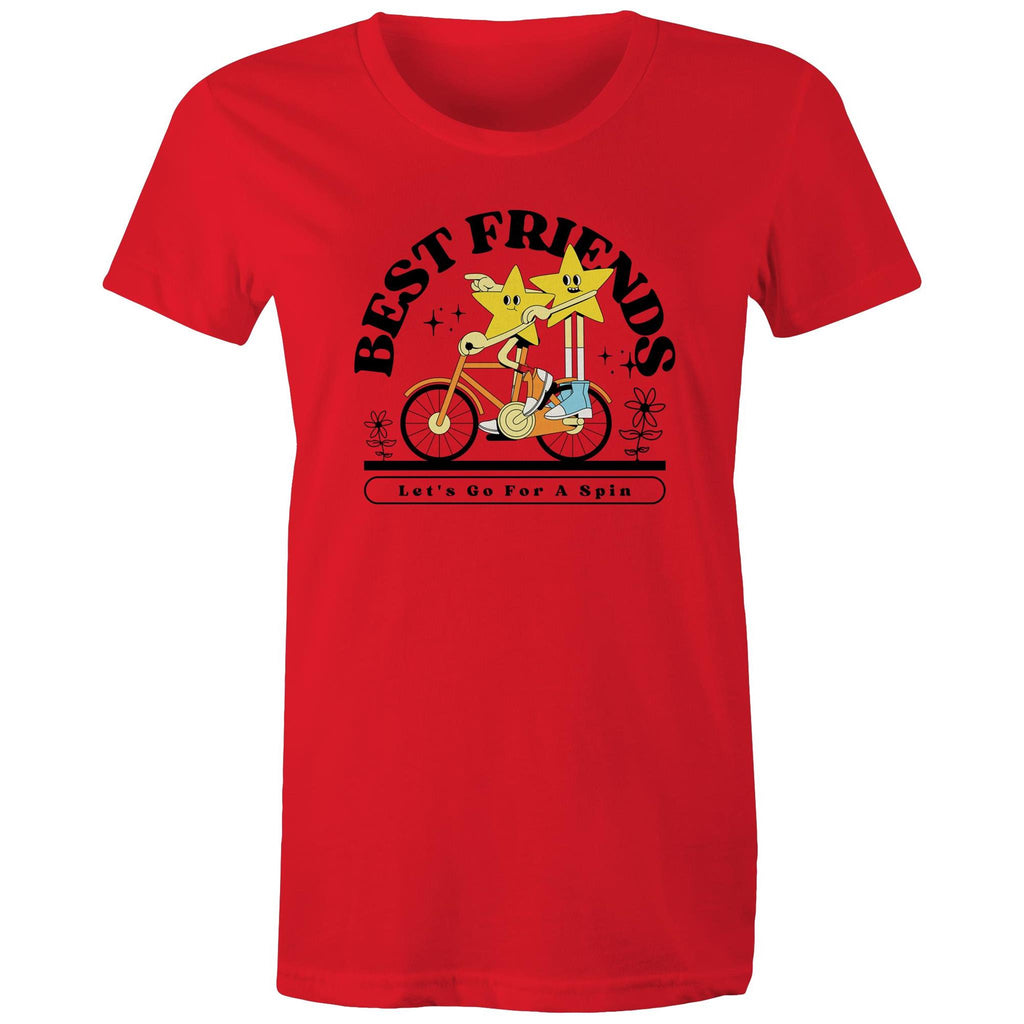 Best Friends, Riding A Bike - Womens T-shirt Red Womens T-shirt Printed In Australia Retro