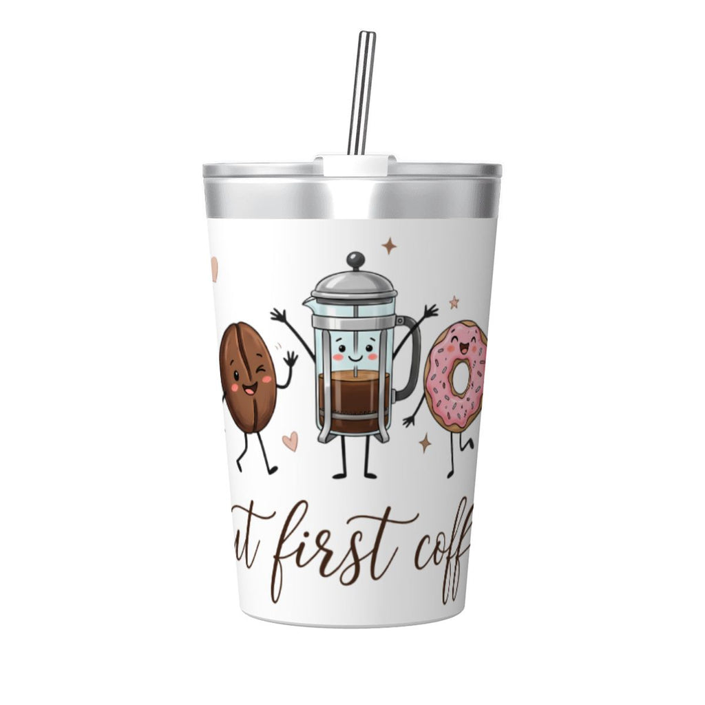 But First Coffee, Cute Characters Small Stainless Steel Travel Mug Cup 12oz/350ml