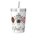 But First Coffee, Cute Characters Small Stainless Steel Travel Mug Cup 12oz/350ml