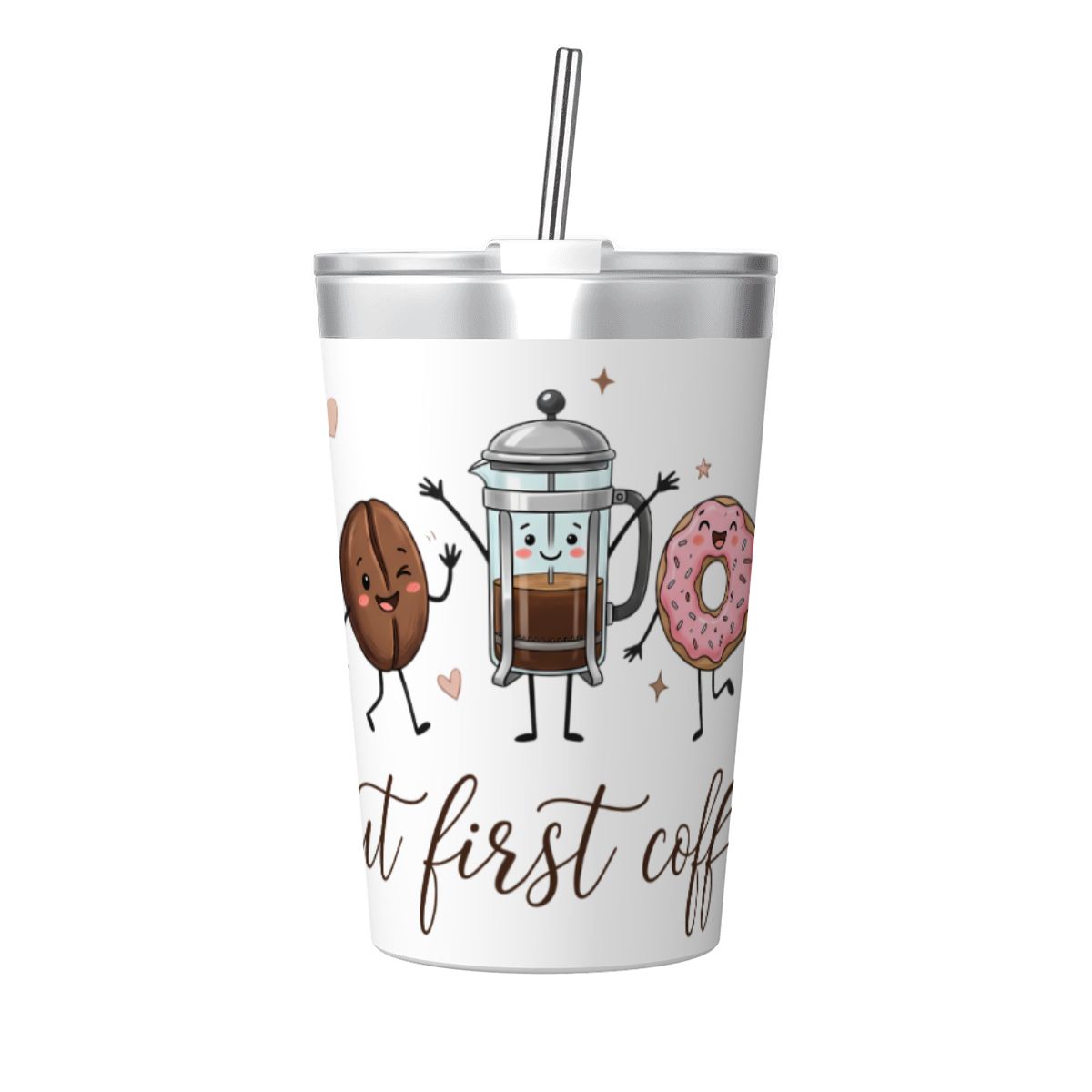 But First Coffee, Cute Characters Small Stainless Steel Travel Mug Cup 12oz/350ml