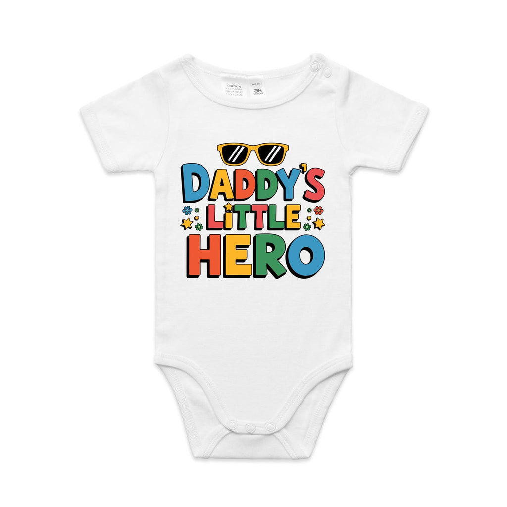 Daddy's Little Hero AS Colour Baby Bodysuit White Baby Bodysuit Printed In Australia