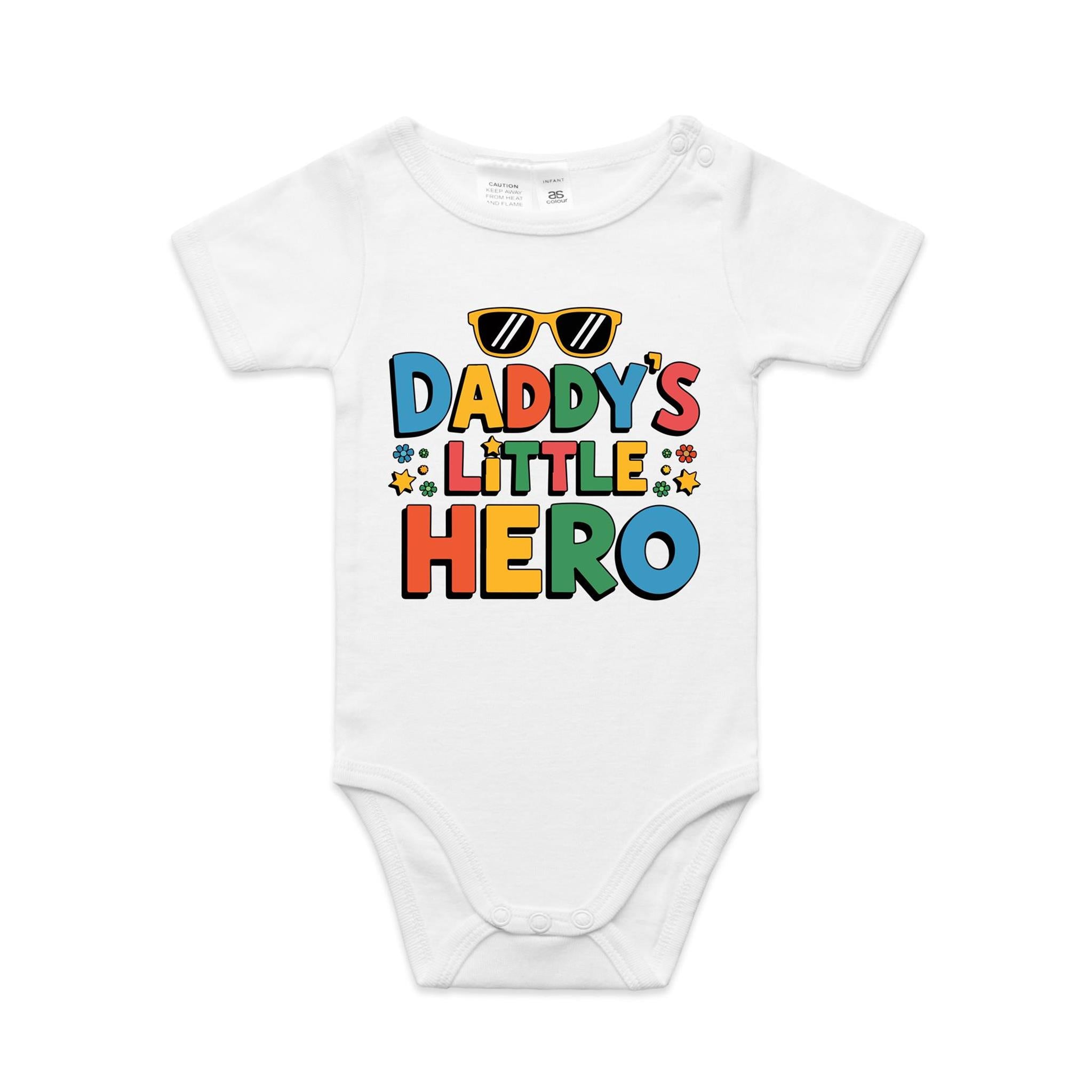 Daddy's Little Hero AS Colour Baby Bodysuit White Baby Bodysuit Printed In Australia