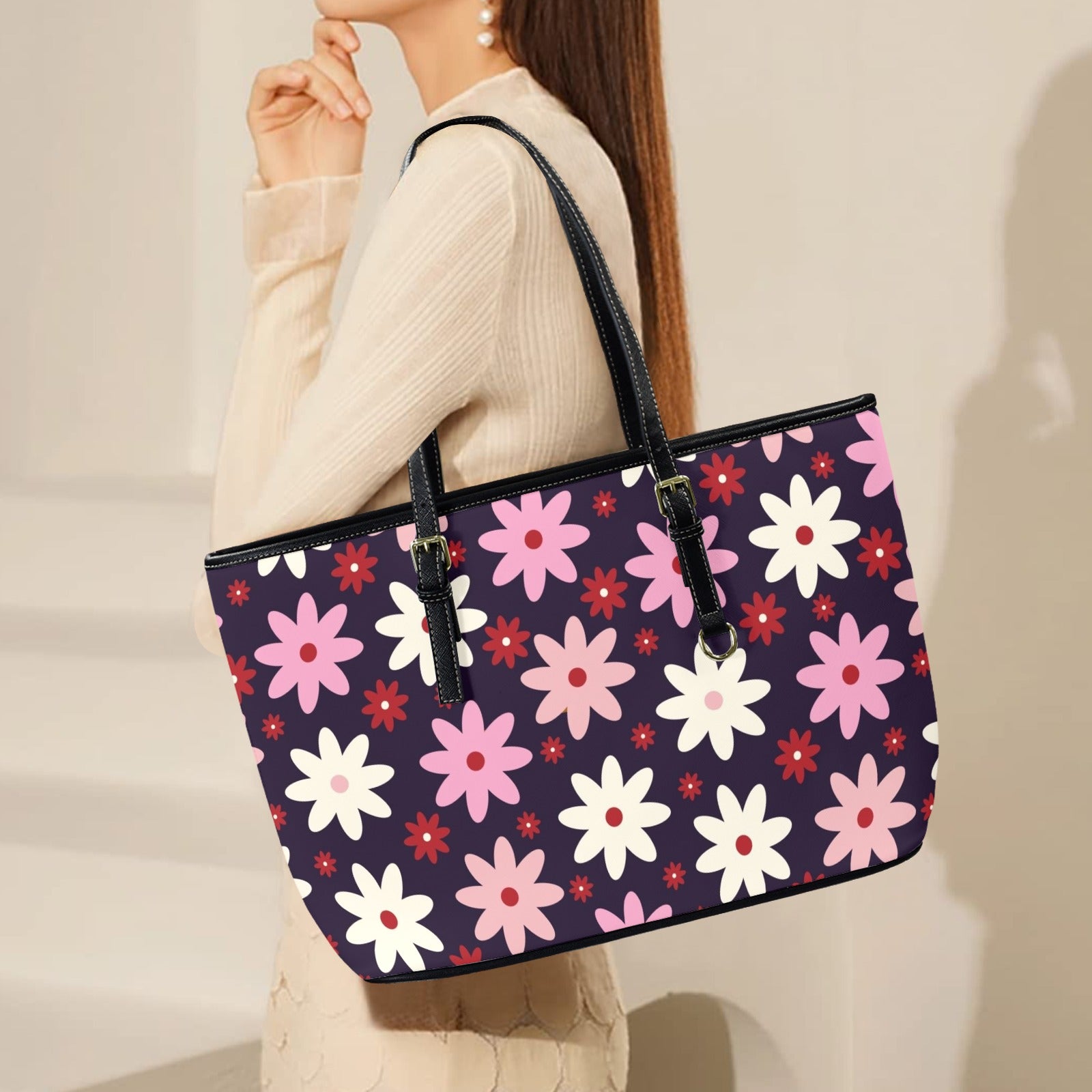 Pink Daisy PU Leather Tote Bag Large Leather Tote Bag-Large Plants Printed Offshore