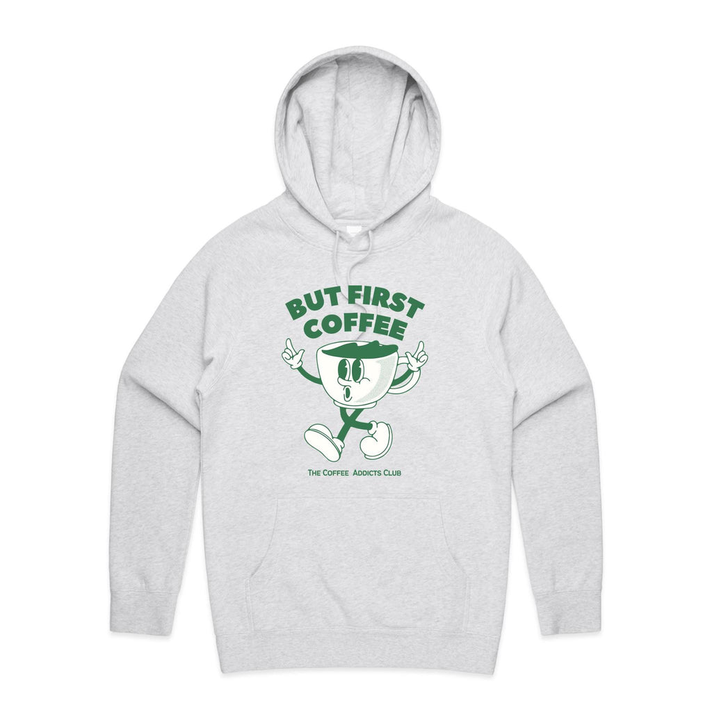 But First Coffee - Mens Hoodie White Marle Mens Hoodie Coffee Printed In Australia