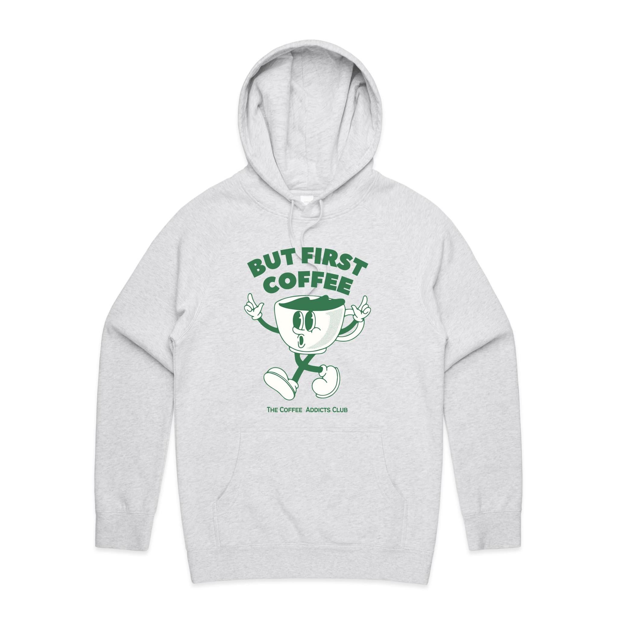 But First Coffee - Mens Hoodie White Marle Mens Hoodie Coffee Printed In Australia
