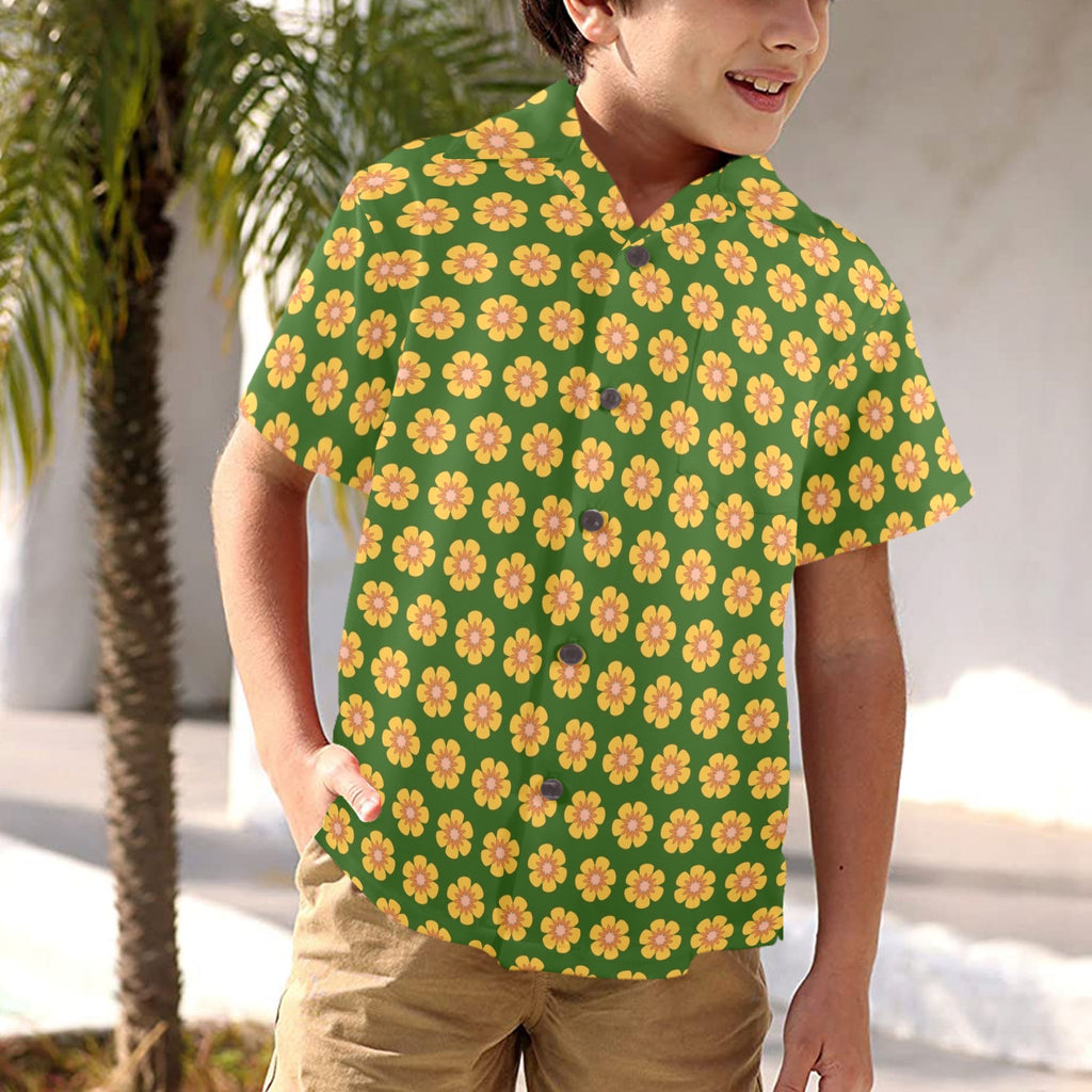 Yellow Flowers On Green Junior Kids Hawaiian Shirt
