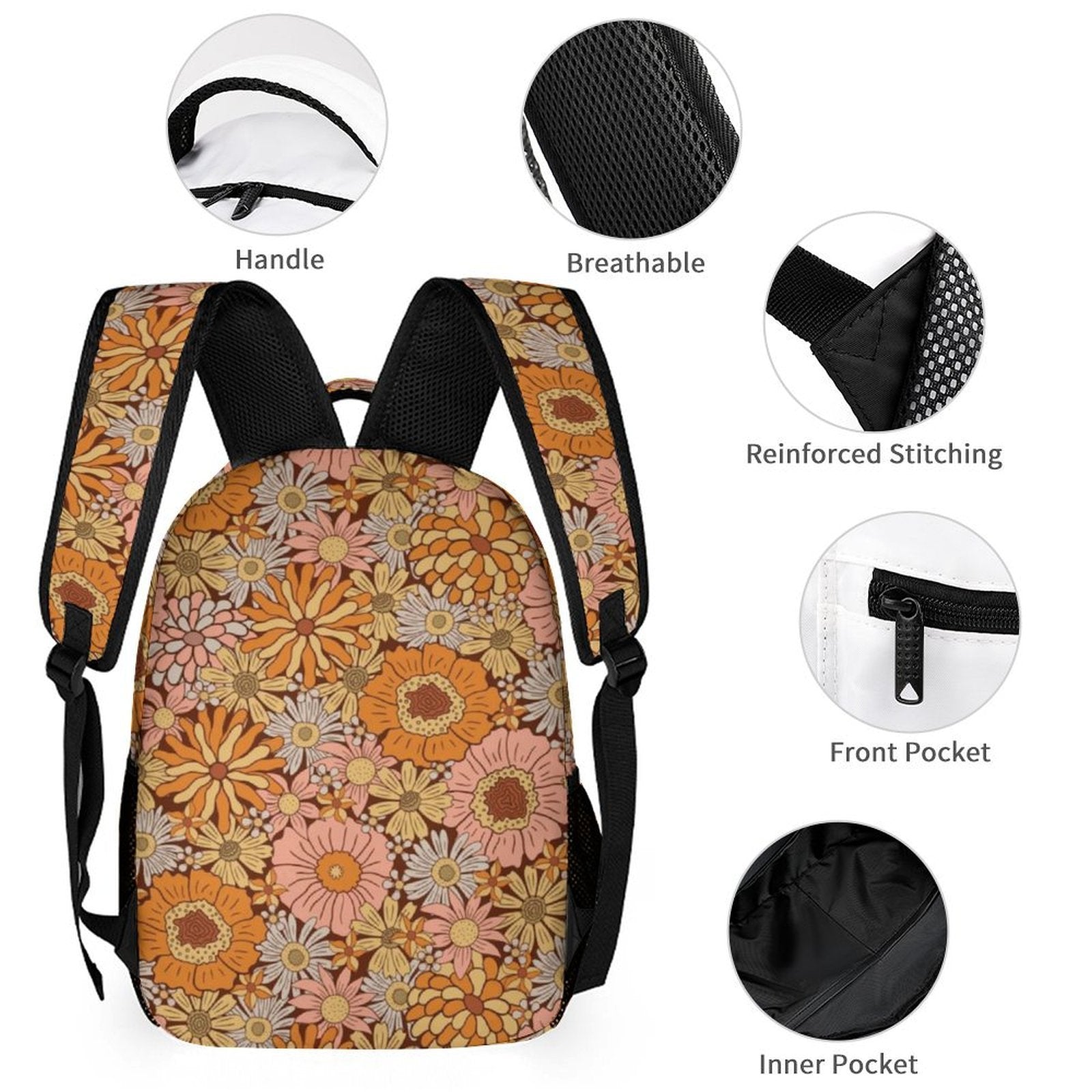 Orange Retro Floral Backpack, Lunch Bag & Pencil Case Set