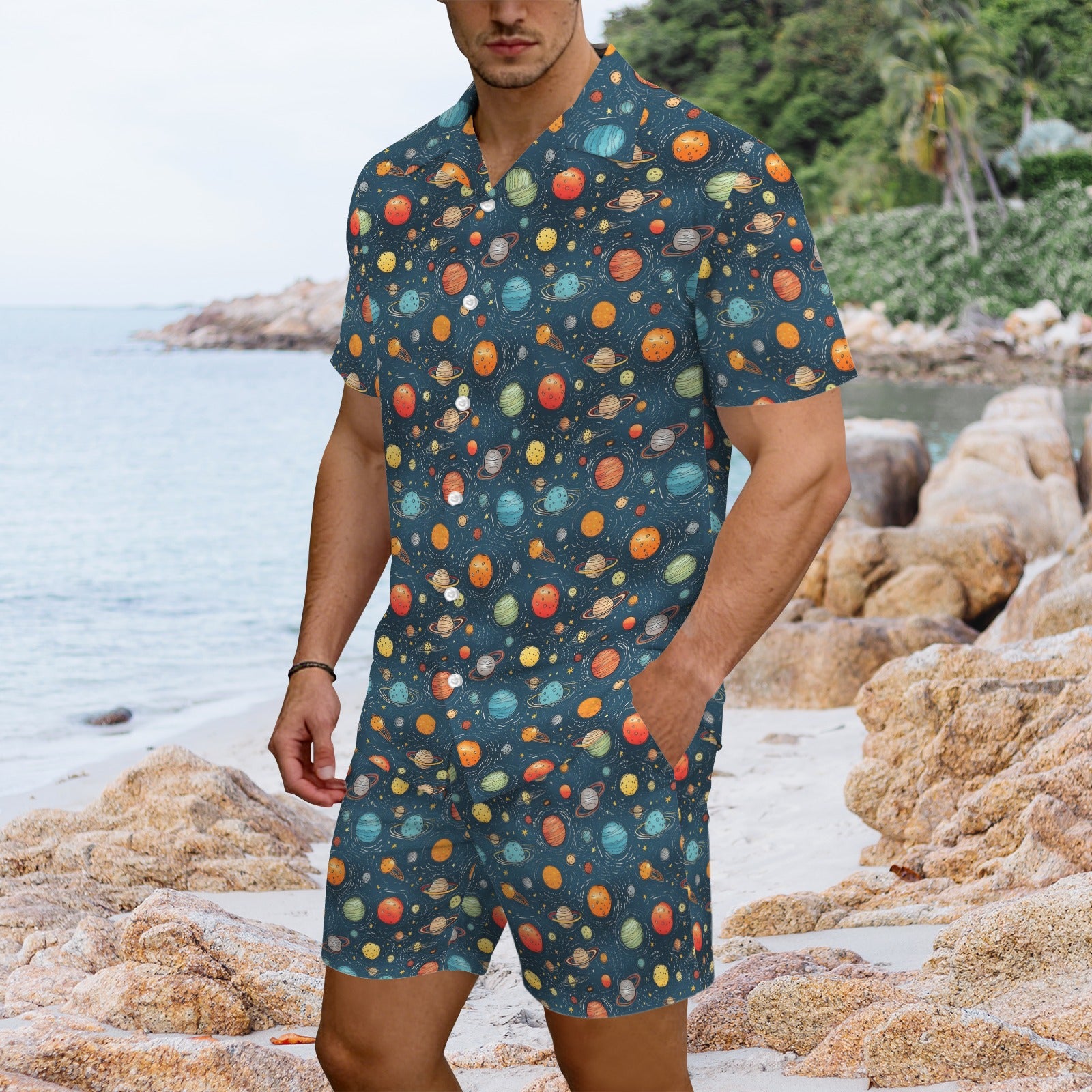 Galaxy Men's Hawaiian Shirt & Shorts Set Men's Hawaiian Shirt & Shorts Set Printed Offshore Space