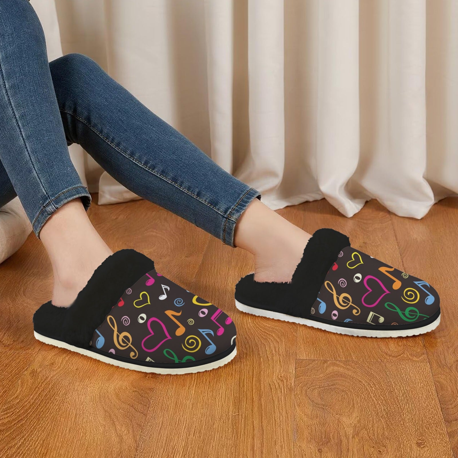 Music Love Women's Fur Trim Thick-Sole Indoor Slippers Women's Fur Trimmed Slippers Music Printed Offshore