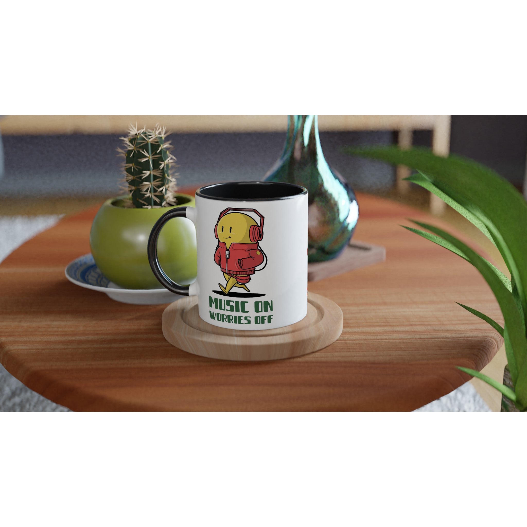 Personalised - Music On, Worries Off - White 11oz Ceramic Mug with Colour Inside Personalised 11oz Mug customise Globally Fulfilled Music personalise