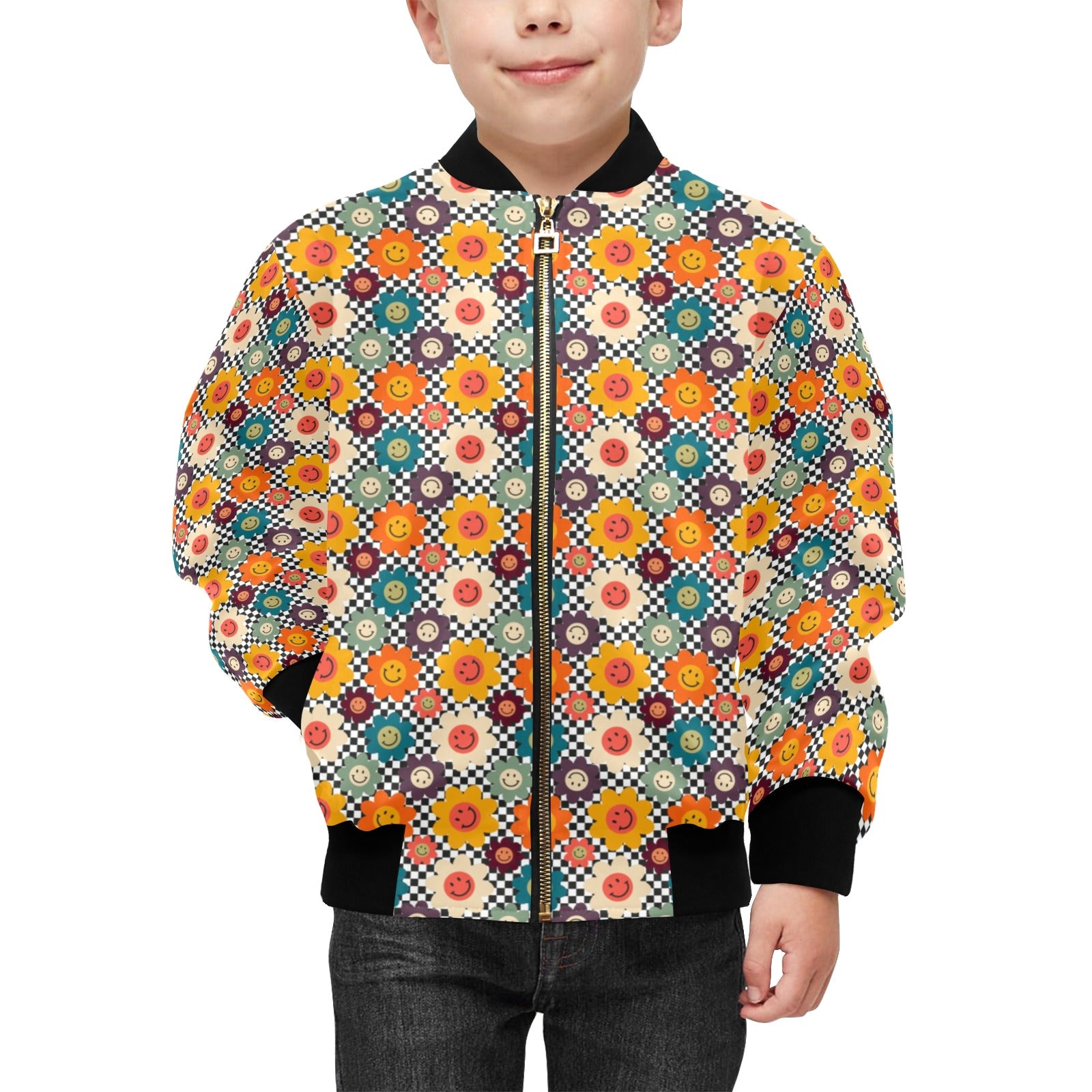 Happy Retro Flowers Kids Bomber Jacket Kids Bomber Jacket Printed Offshore Retro