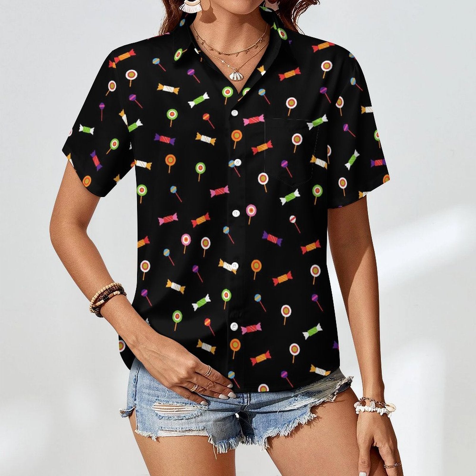 Candy Women's Short-Sleeve Button Up Shirt Women's Short-Sleeve Button Up Shirt Food Printed Offshore