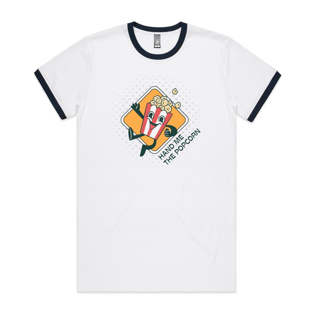 Hand Me The Popcorn - Staple Ringer Tee White Navy Ringer T-Shirt Food Printed In Australia