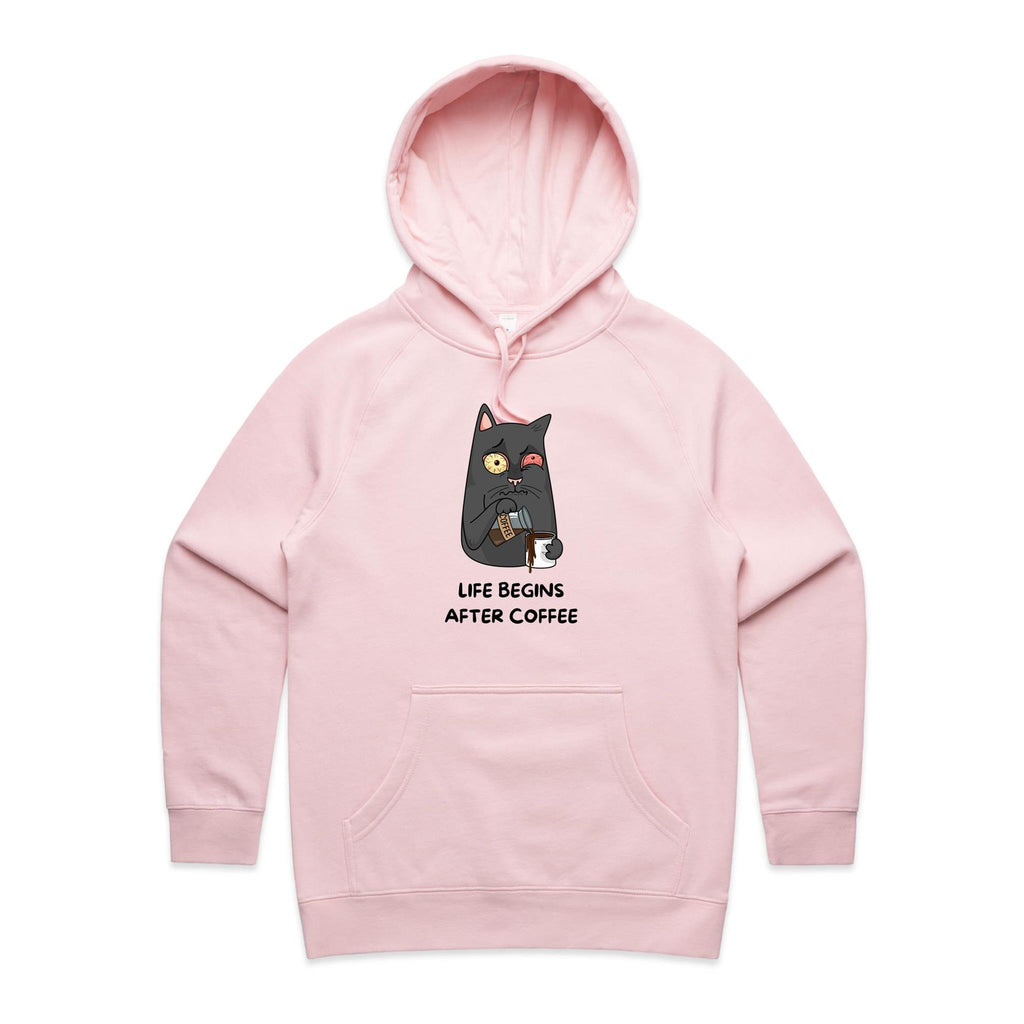 Life Begins After Coffee, Cat - Womens Hoodie Pink Womens Hoodie animal Coffee Printed In Australia