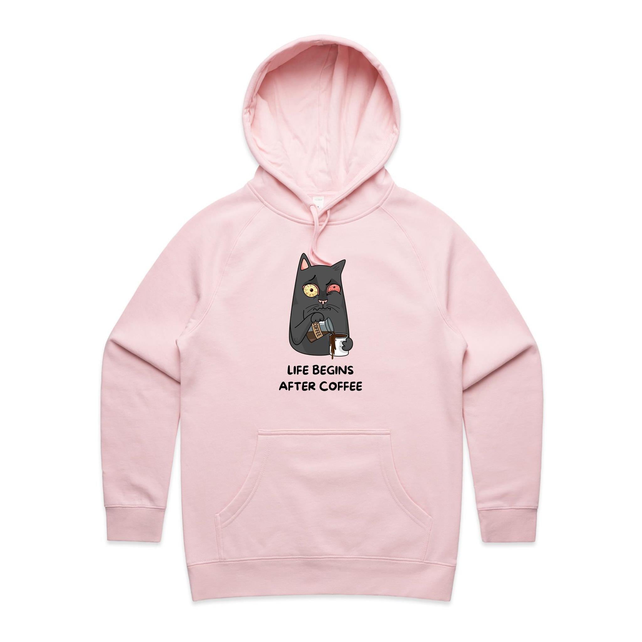 Life Begins After Coffee, Cat - Womens Hoodie Pink Womens Hoodie animal Coffee Printed In Australia