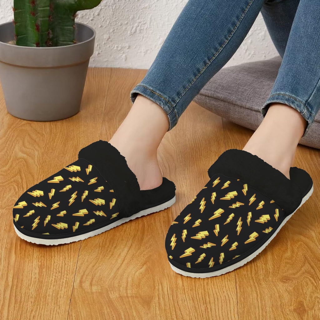 Lightning Bolts Women's Fur Trim Thick-Sole Indoor Slippers Women's Fur Trimmed Slippers comic Printed Offshore