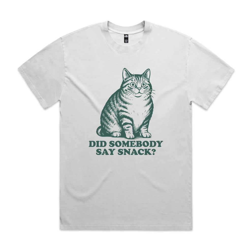 Cat, Did Somebody Say Snack AS Colour Heavy Faded Tee Unisex Faded White Heavy Faded T-shirt animal Food Printed In Australia