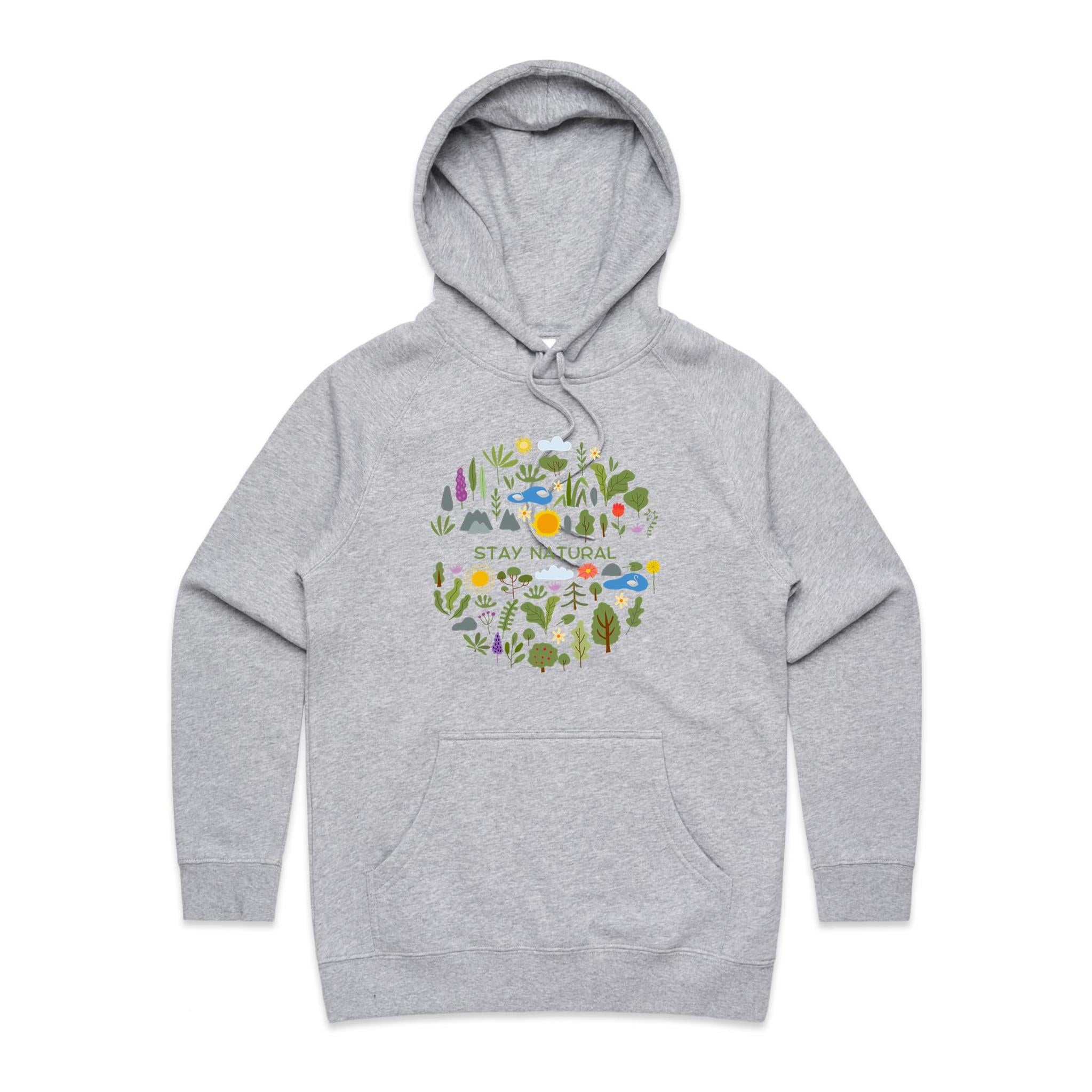 Stay Natural - Womens Hoodie Grey Marle Womens Hoodie Plants Printed In Australia