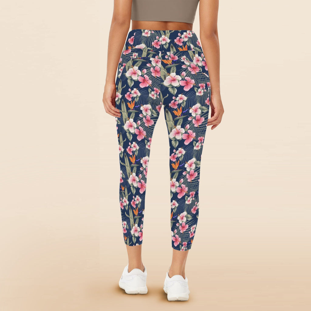 Dark Hawaiian Floral Women's High Waist Pockets Yoga Leggings