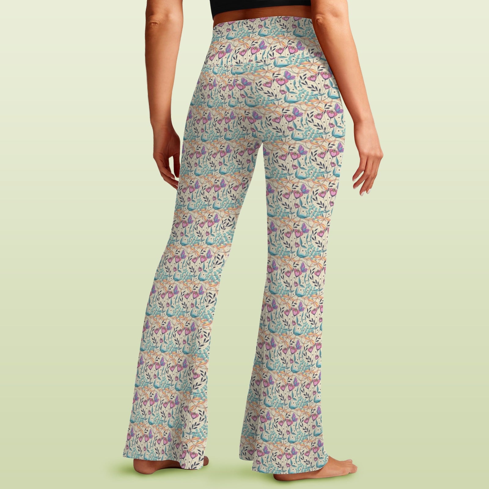Butterfly Floral - High Waist Crossover Tummy Control Flare Leggings