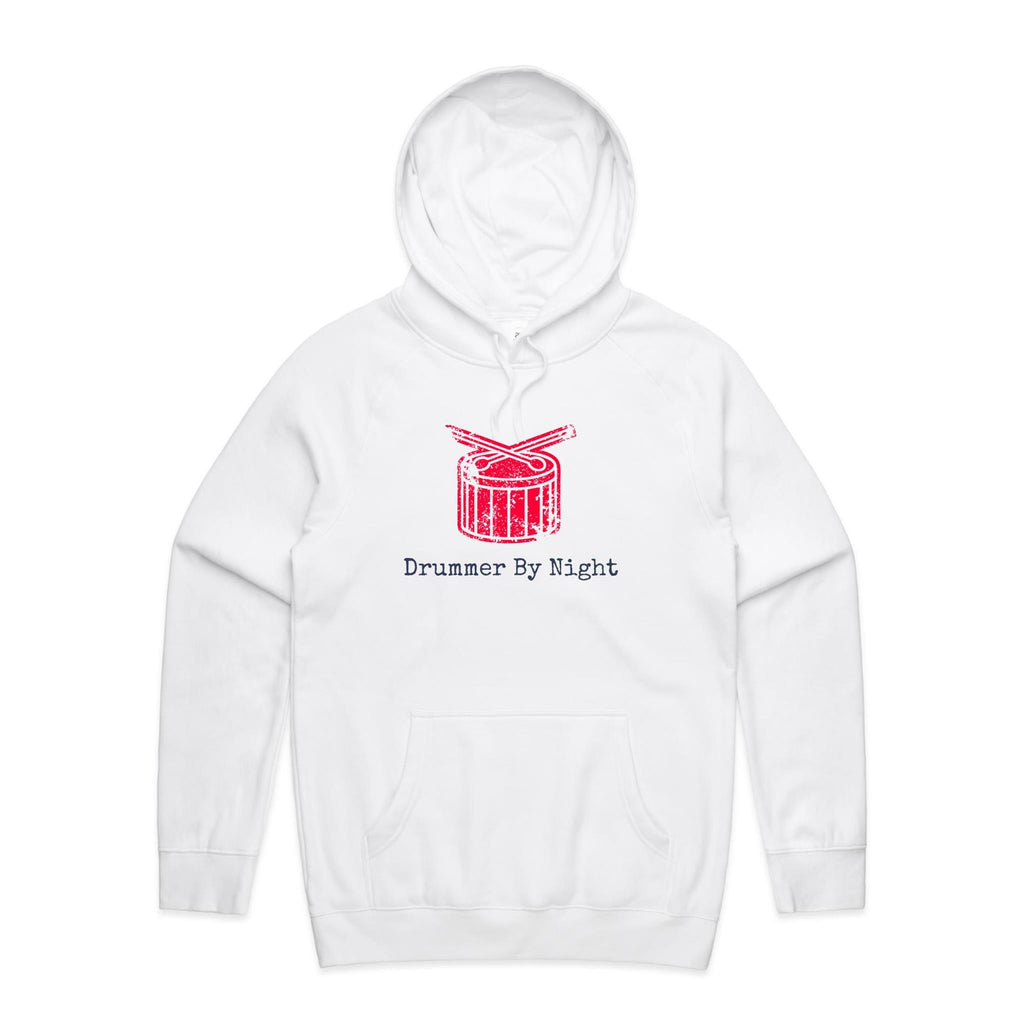 Drummer By Night - Mens Hoodie White Mens Hoodie Music Printed In Australia