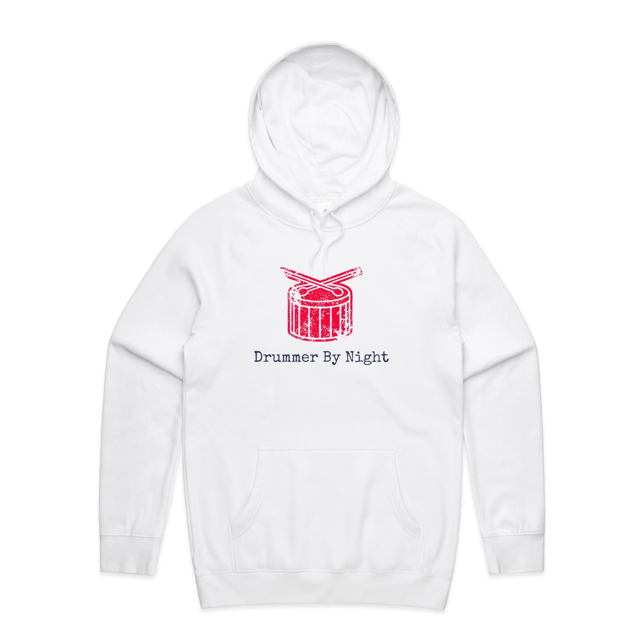 Drummer By Night - Mens Hoodie White Mens Hoodie Music Printed In Australia