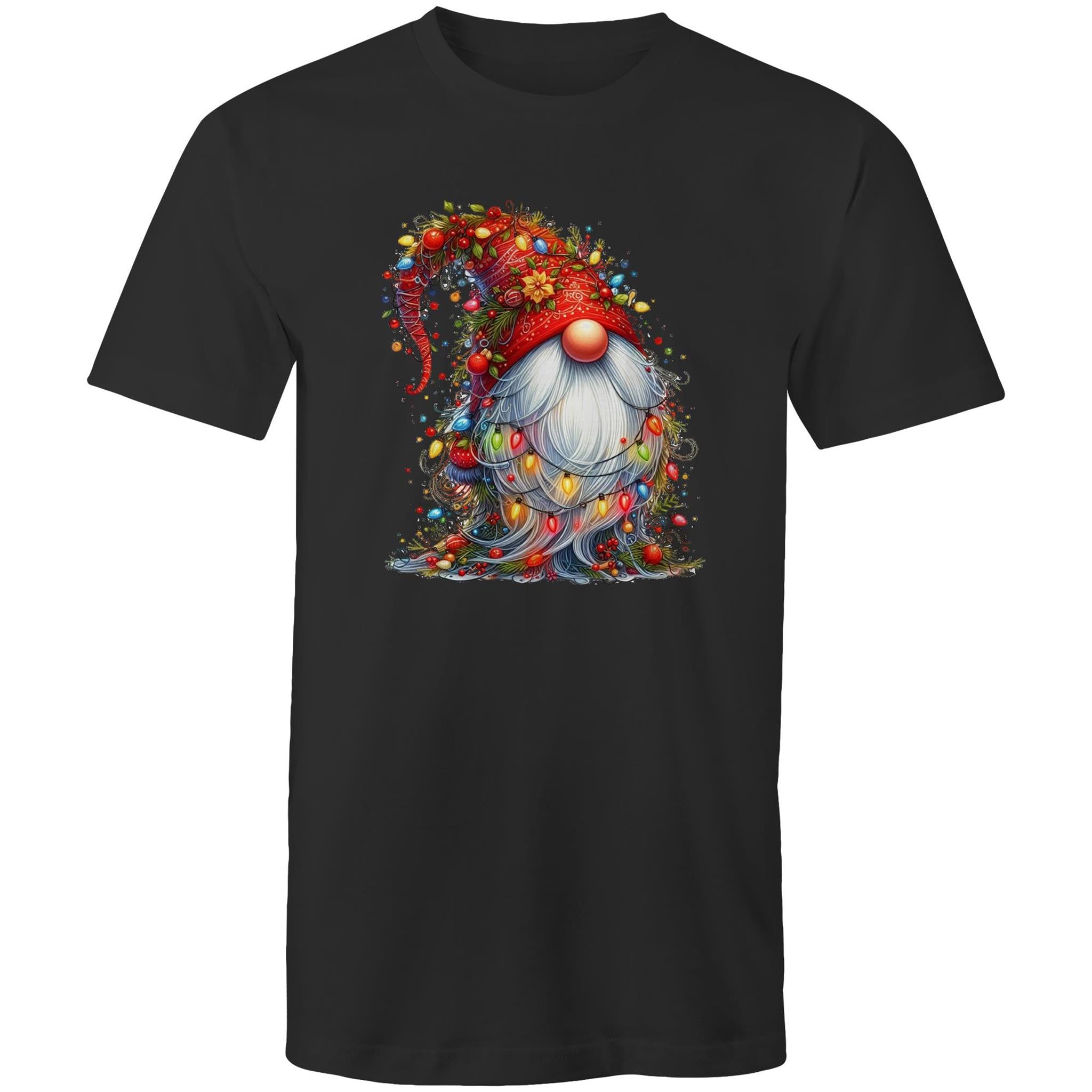 Christmas Gnome Wrapped In Lights - Mens T-Shirt Black Mens Christmas T-shirt Christmas Printed In Australia
