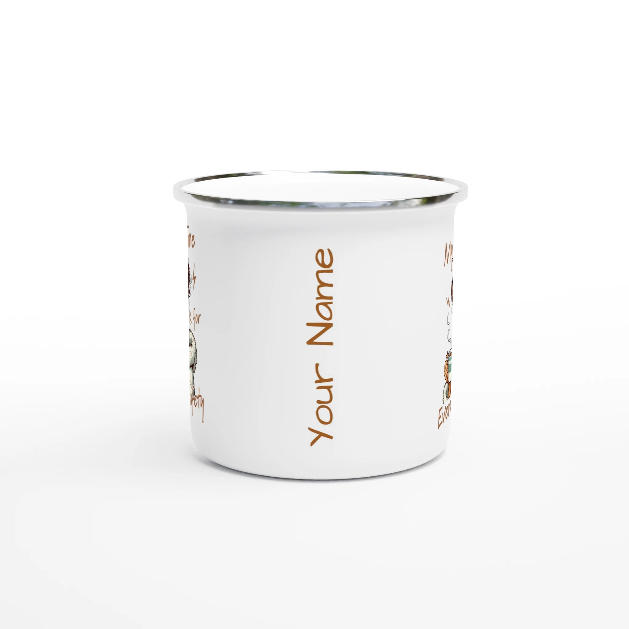 Personalised My Alone Time Is For Everyone's Safety White 12oz Enamel Mug Personalised Enamel Mug Globally Fulfilled