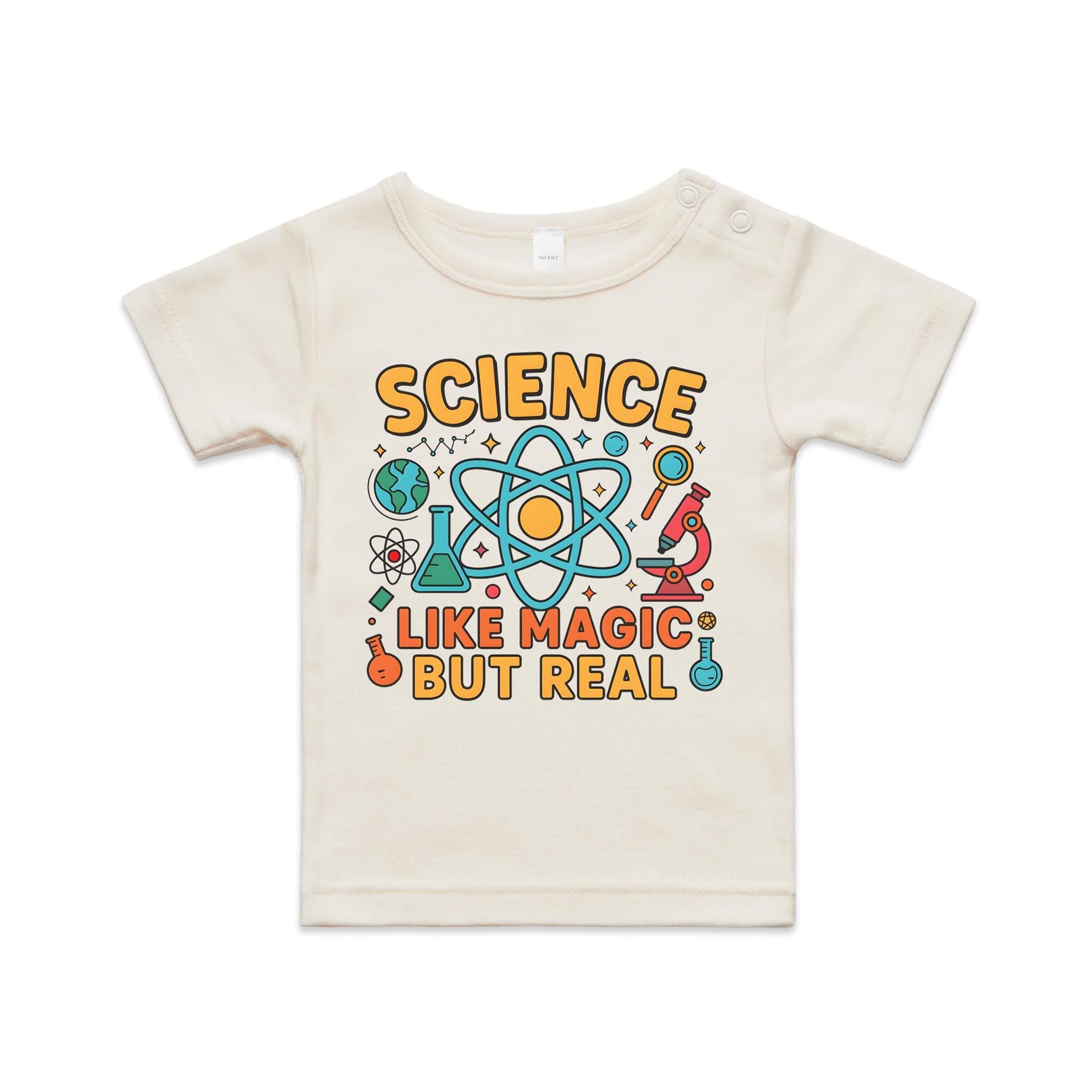 Science, Like Magic But Real AS Colour Baby T-shirt Natural Baby T-shirt Printed In Australia Science