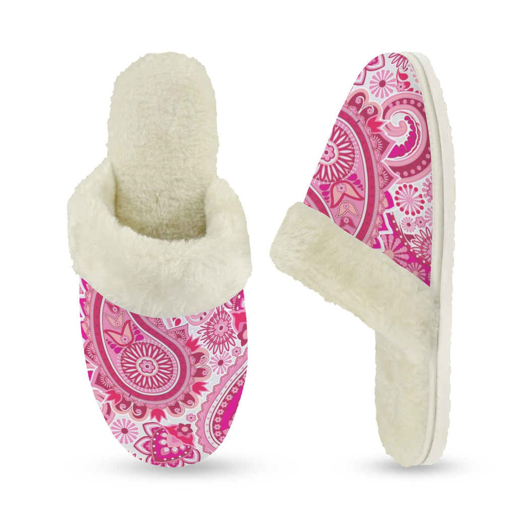 Pink Paisley Women's Fur Trim Thick-Sole Indoor Slippers Women's Fur Trimmed Slippers Printed Offshore